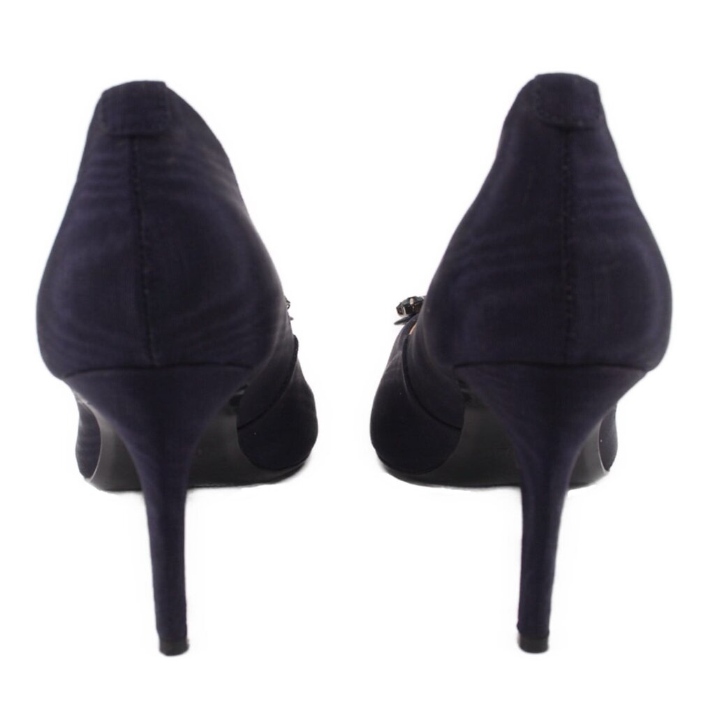 Back view of navy stiletto heels with curved heel and fabric upper