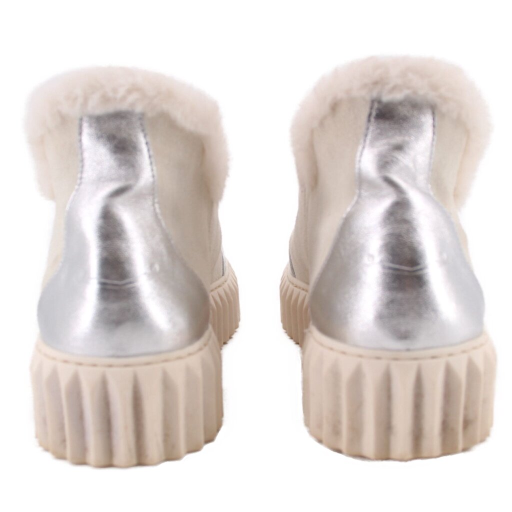 Back view of silver suede platform boots with faux-fur cuffs and textured sole