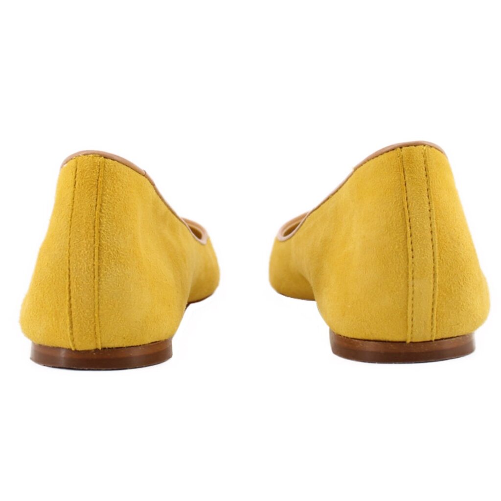Yellow suede ballet flats, low stacked heel and heel back seams