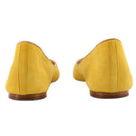 Yellow suede ballet flats, low stacked heel and heel back seams