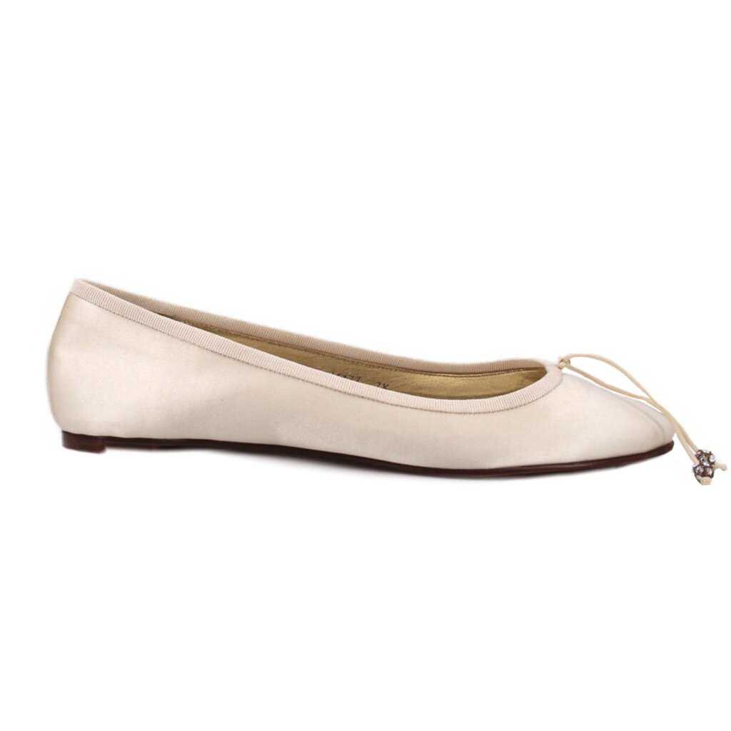 Ivory satin flats with low profile design and knotted bow accent