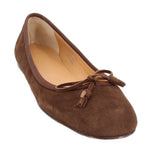 Brown suede ballet flats with bow tie detail and rounded toe