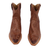 Brown embroidered cowboy booties, pair with pointed toe and stacked heel