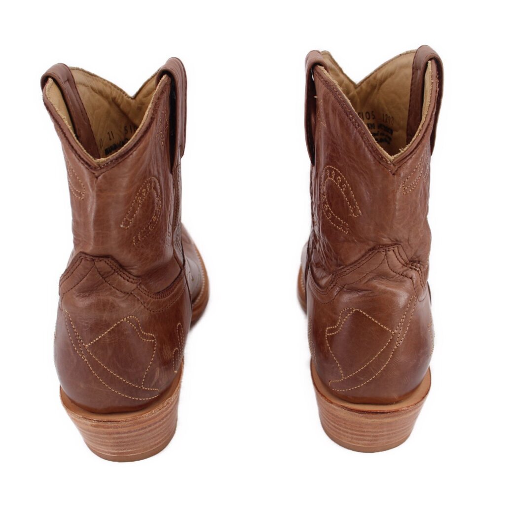 Brown embroidered cowboy booties, pair back view with low stacked heel