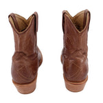 Brown embroidered cowboy booties, pair back view with low stacked heel