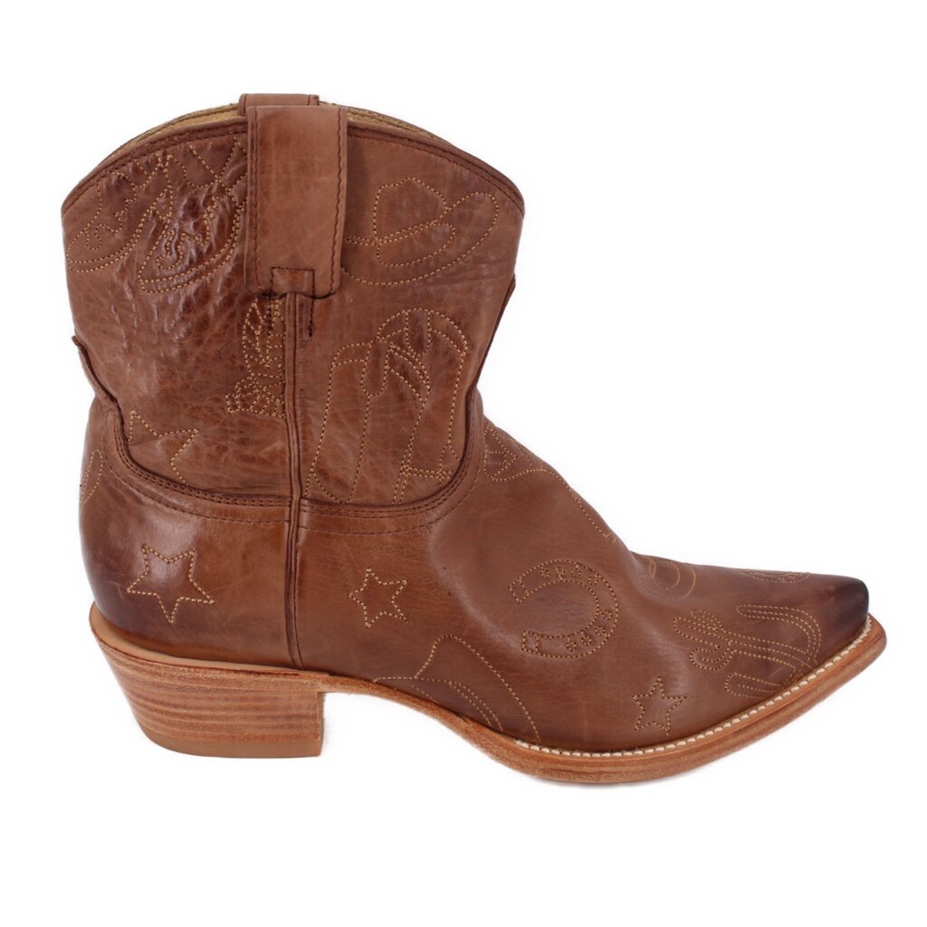Brown embroidered cowboy booties with stitched star and scroll patterns