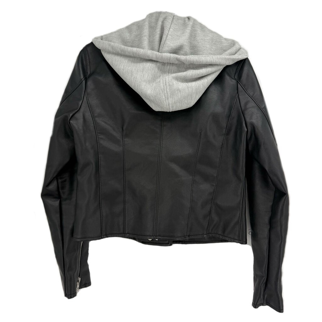 Black moto jacket back view with gray hood and zip-up design