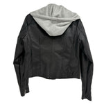 Black moto jacket back view with gray hood and zip-up design