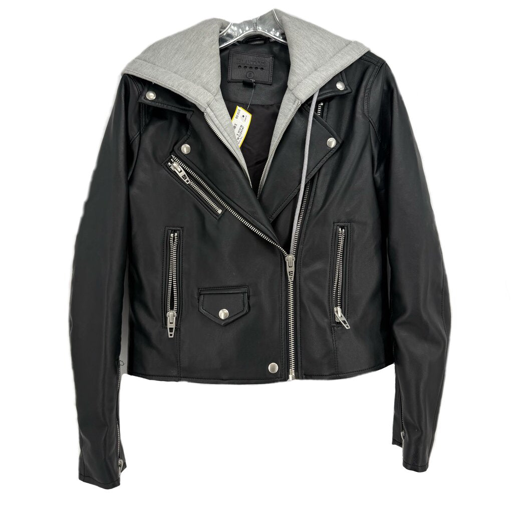 Black moto jacket with gray hood lining, front zips and snap pockets