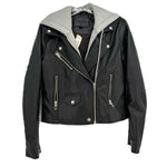Black moto jacket with gray hood lining, front zips and snap pockets