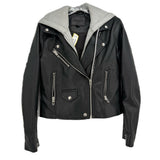 Black moto jacket with gray hood lining, front zips and snap pockets
