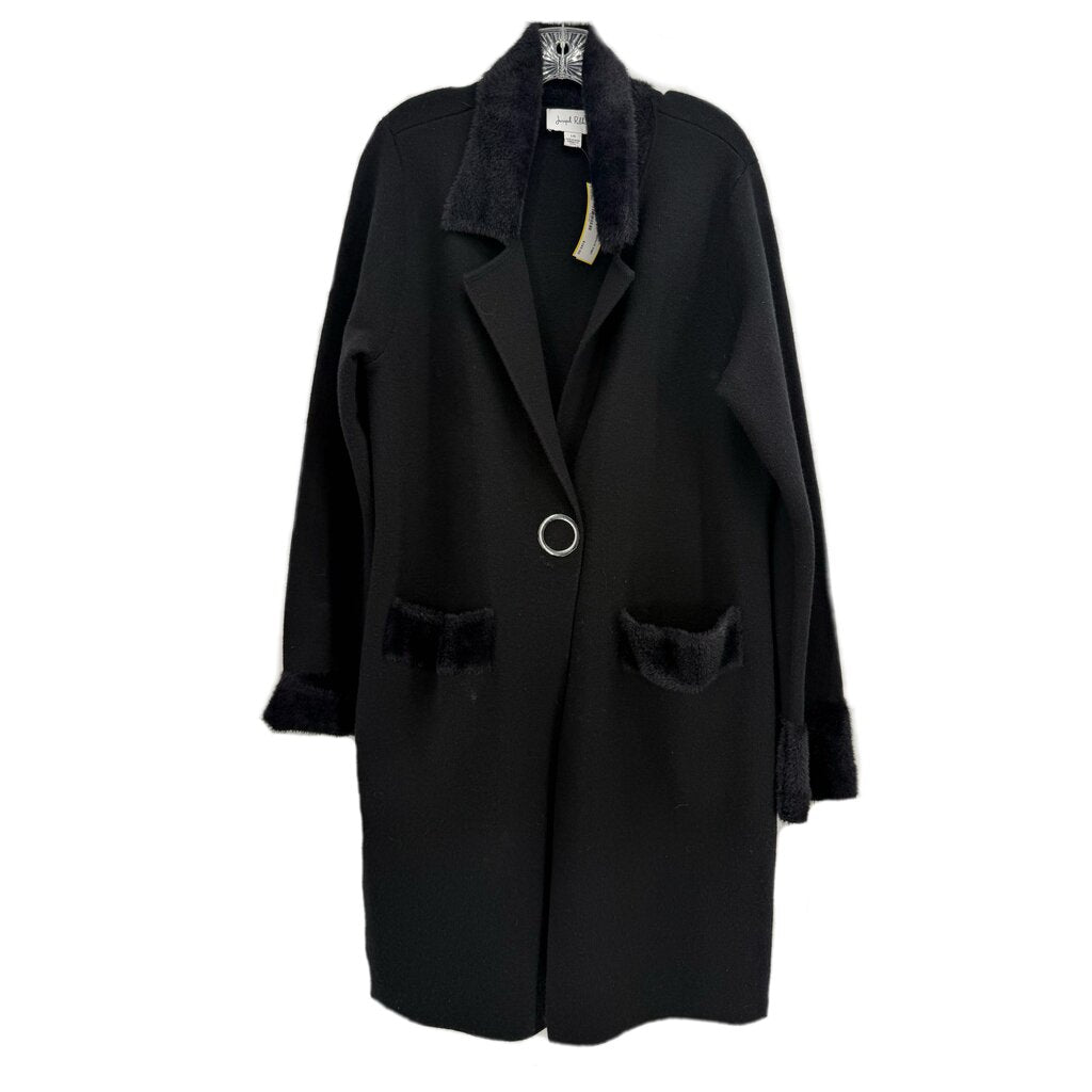 Long black knit cardigan with shawl collar, front buttons, patch pockets.