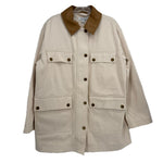 Cream utility jacket with brown pointed collar, button front, flap pockets