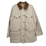Cream utility jacket with brown pointed collar, button front, flap pockets