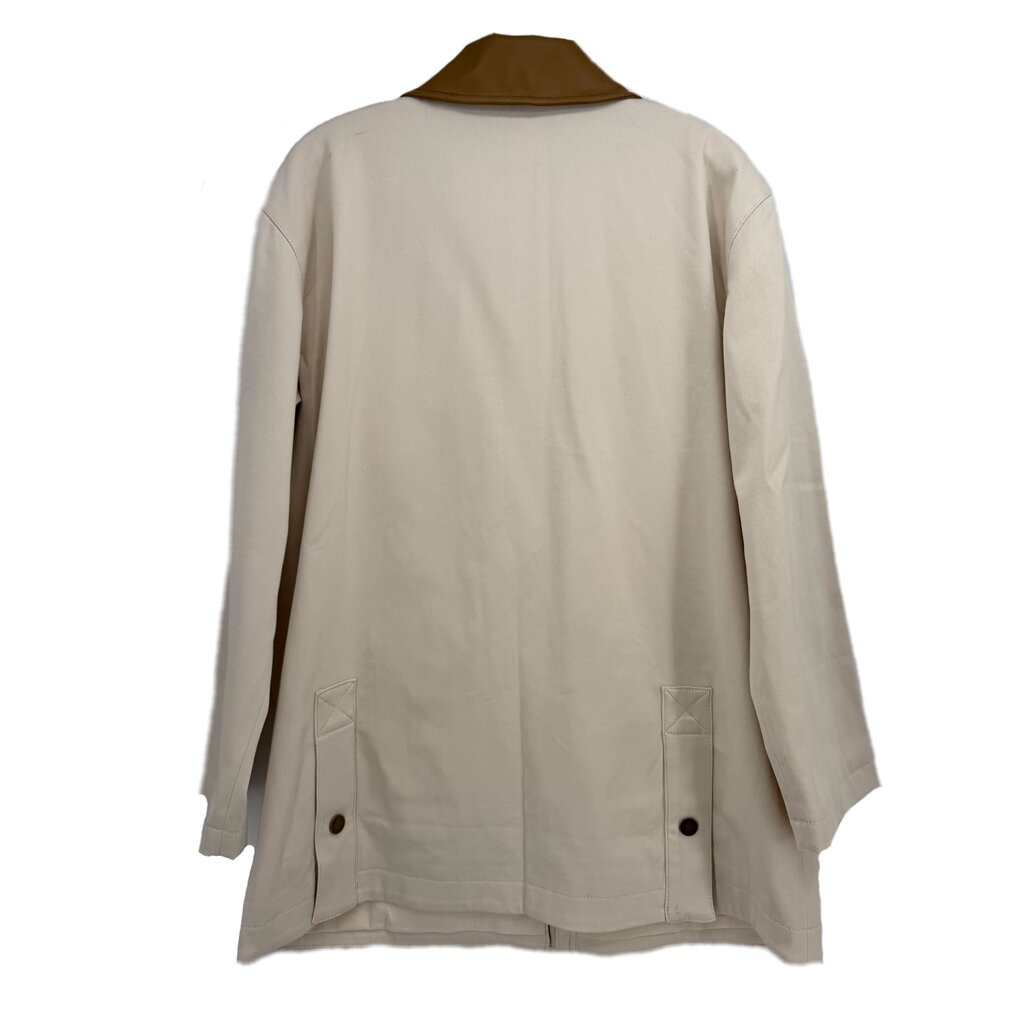 Cream utility jacket back view with brown collar and flap pockets