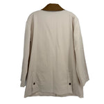 Cream utility jacket back view with brown collar and flap pockets