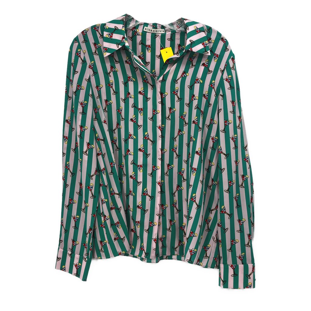 Green-and-white vertical striped button-up shirt top with collar and long sleeves