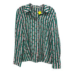 Green-and-white vertical striped button-up shirt top with collar and long sleeves