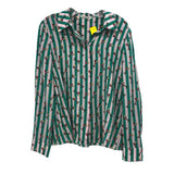 Green-and-white vertical striped button-up shirt top with collar and long sleeves