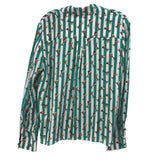 Green-and-white vertical striped top with long sleeves and back yoke detail