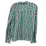 Green and white vertical striped long-sleeve top, rounded neckline, small print