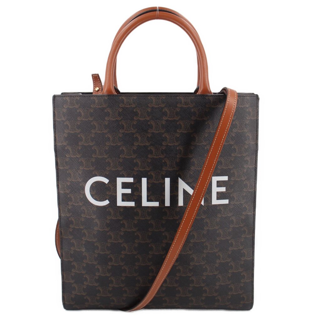 Celine small vertical cabas tote bag in dark brown Triomphe canvas, tan leather handles