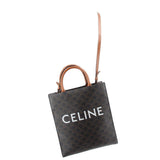 Celine small cabas tote bag, dark brown patterned canvas with 'CELINE', tan handles and strap