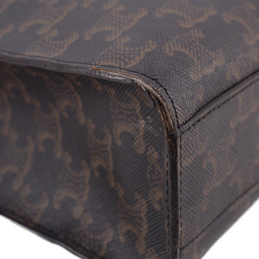 Dark brown Triomphe cabas tote edge corner, stitched leather trim on patterned canvas