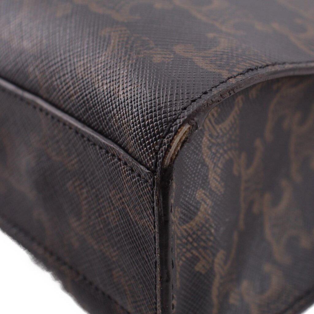 Dark brown Triomphe cabas tote corner, textured canvas with tan leather trim and stitching