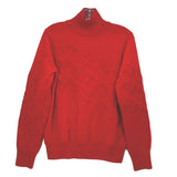 Red turtleneck sweater with textured front embroidery and ribbed cuffs
