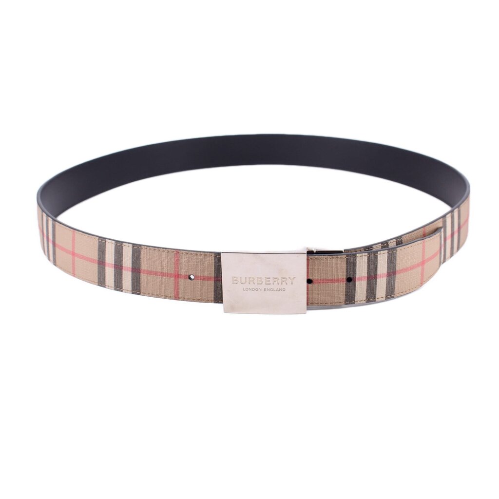 Burberry reversible belt with plaid strap, black reverse, and rectangular logo buckle