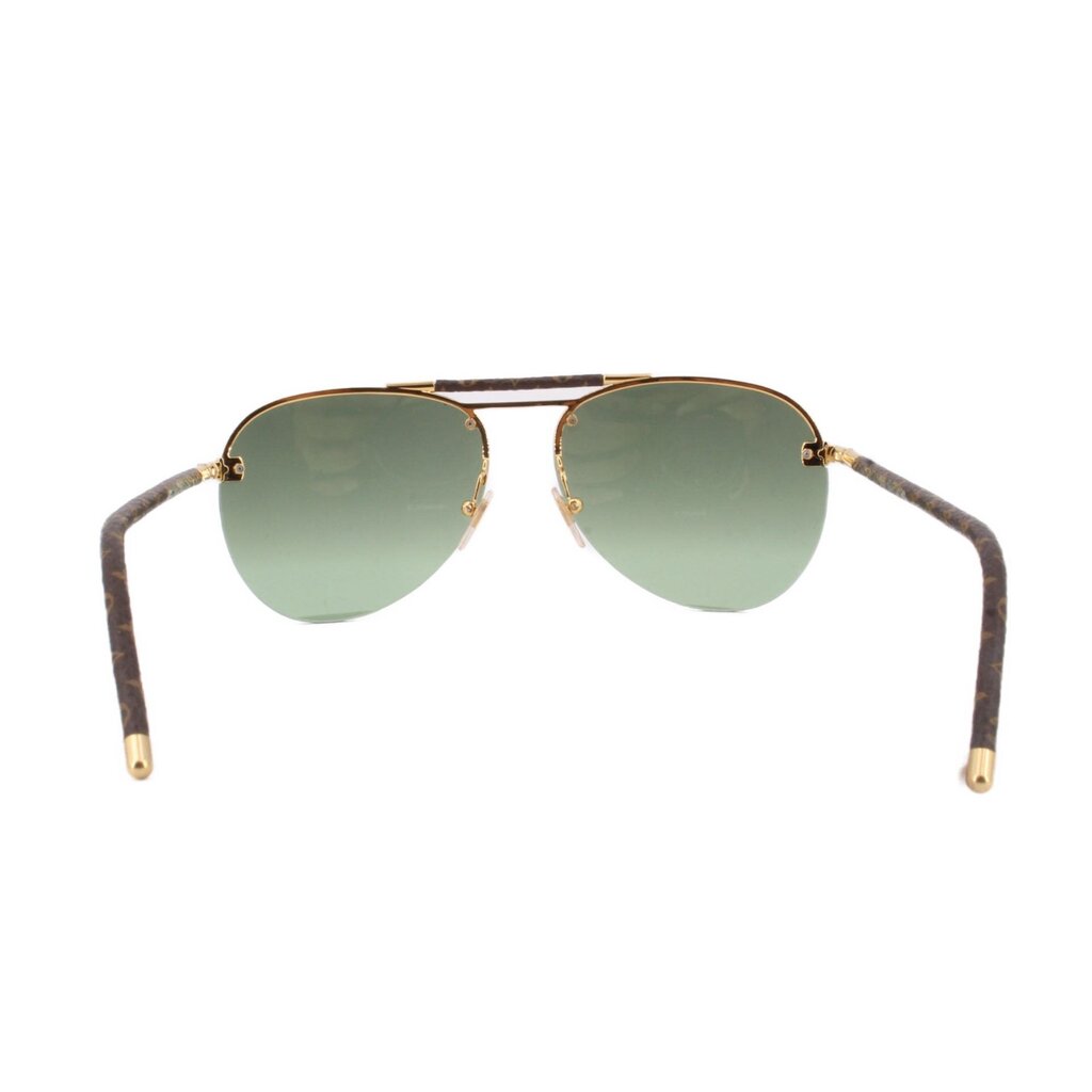 Round-aviator sunglasses with green lenses, monogram canvas frame and gold tips