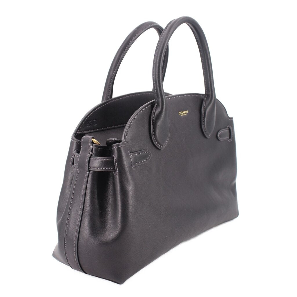 COACH Soft Carryall 28 satchel, black leather, side pocket and crossbody strap