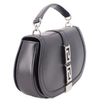 Black leather shoulder bag with top handle, curved shape, and Greca lock detail