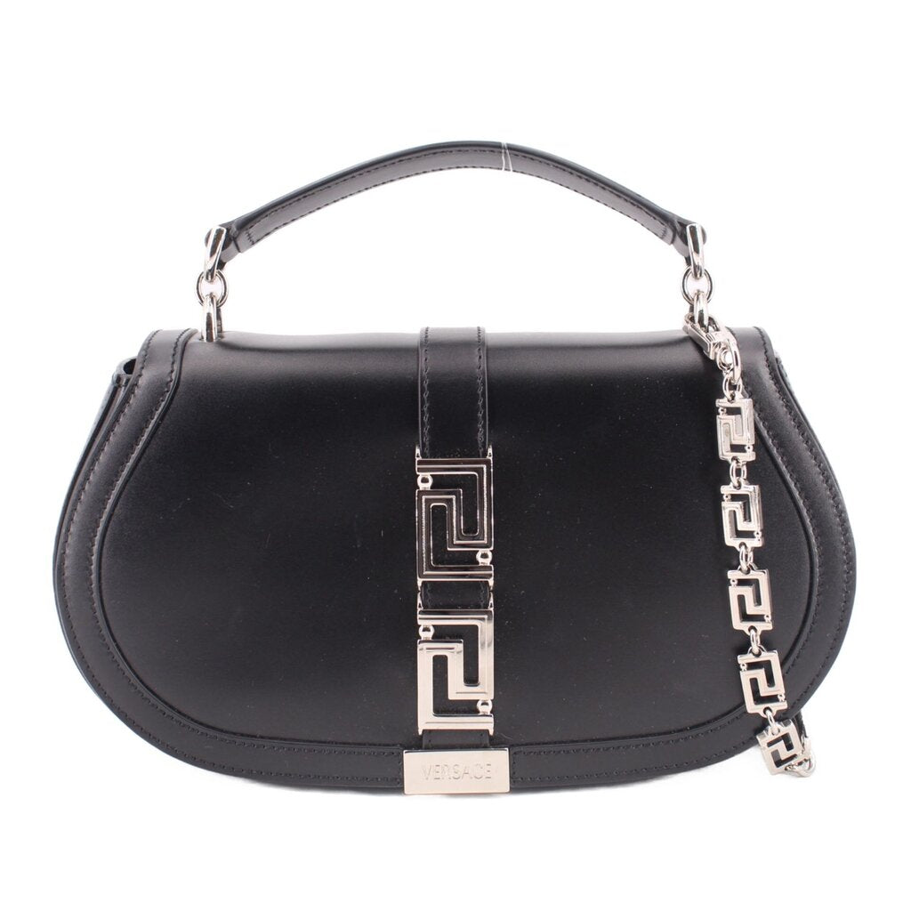 Black leather shoulder bag with Greca front clasp and chain strap