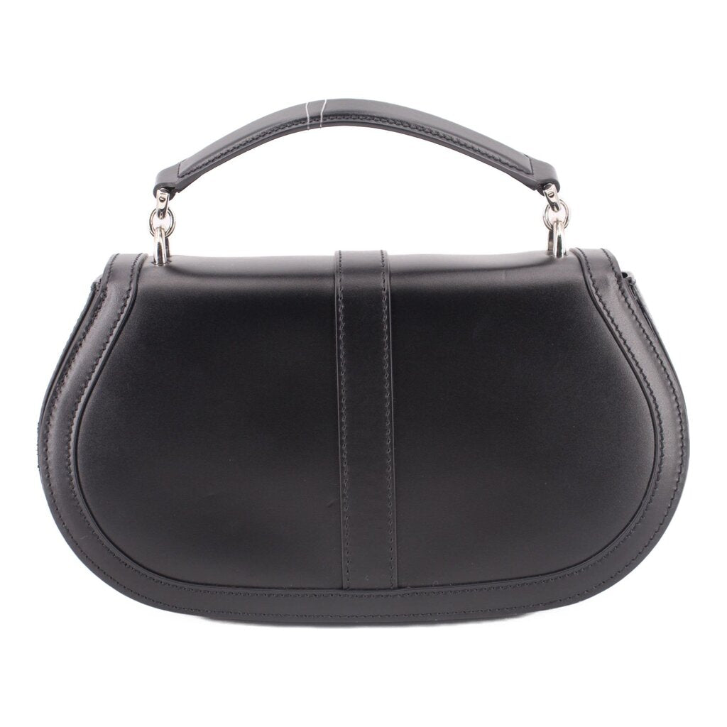 Black leather shoulder bag with structured dome shape and Greca clasp