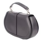 Black leather shoulder bag side view with stitched panels and metal chain handle