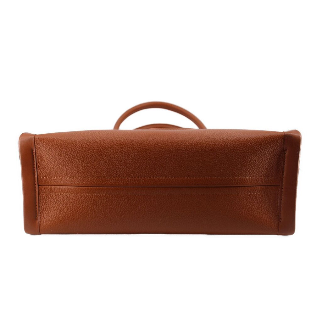Christian Louboutin brown leather tote bag with top flap and curved handle.