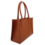 Christian Louboutin brown leather tote bag, side view with handles and zip-top profile.