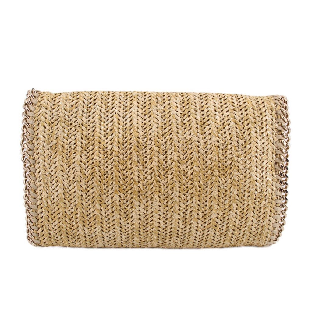 Tan woven straw crossbody bag with structured top flap and gold-tone chain edges