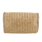 Tan woven straw crossbody bag with structured top flap and gold-tone chain edges