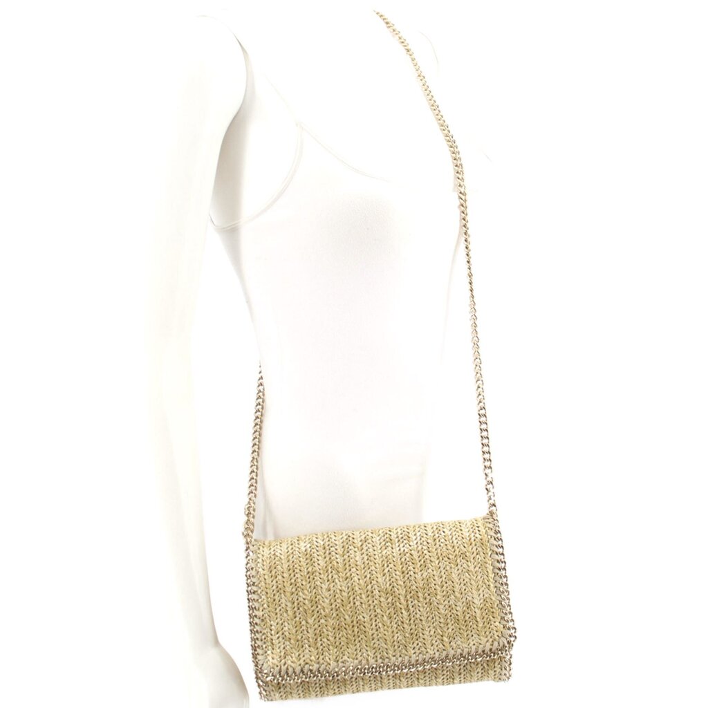 Tan woven straw crossbody with long gold-tone chain strap and flap closure
