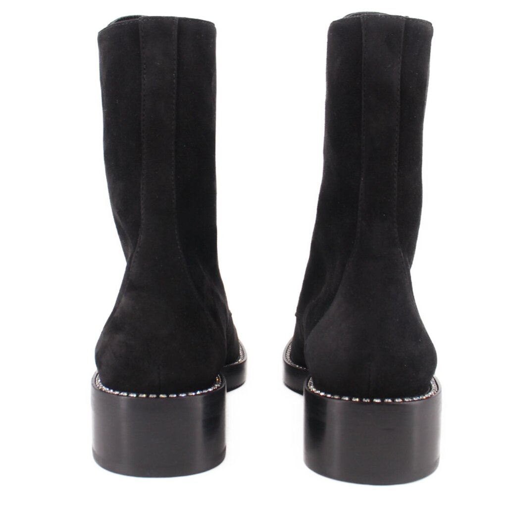 Black suede ankle boots with back pull tabs and stacked block heel