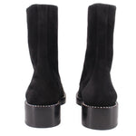 Black suede ankle boots with back pull tabs and stacked block heel