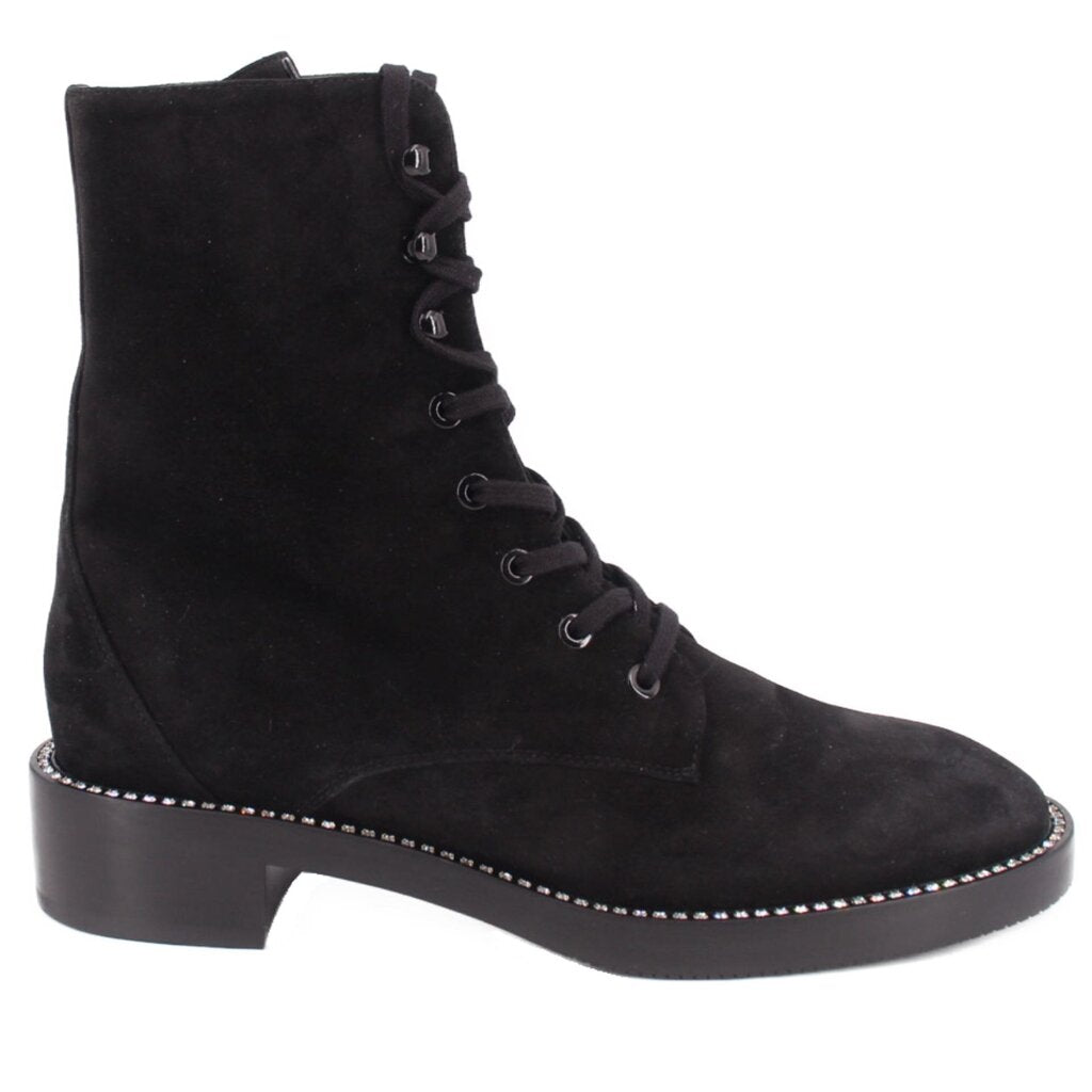 Black suede lace-up ankle boot with low stacked heel and decorative studded edge