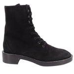 Black suede lace-up ankle boot with low stacked heel and decorative studded edge