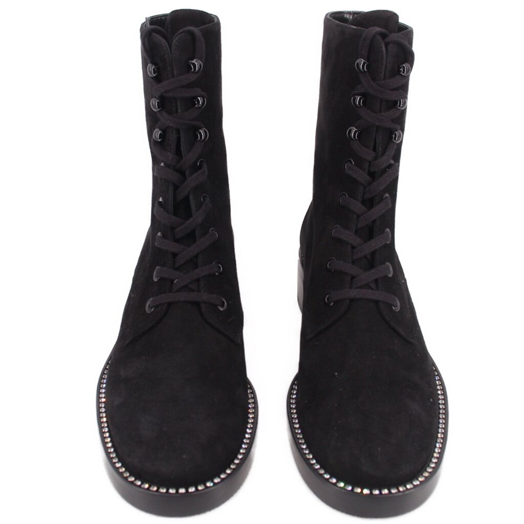 Pair of black suede lace-up ankle boots with round toe and studded trim