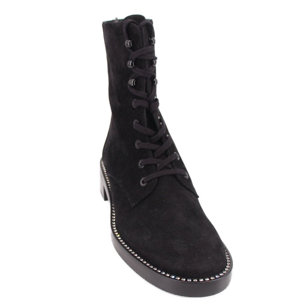 Black suede lace-up ankle boots with stacked heel and side studded trim