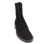 Black suede lace-up ankle boots with stacked heel and side studded trim