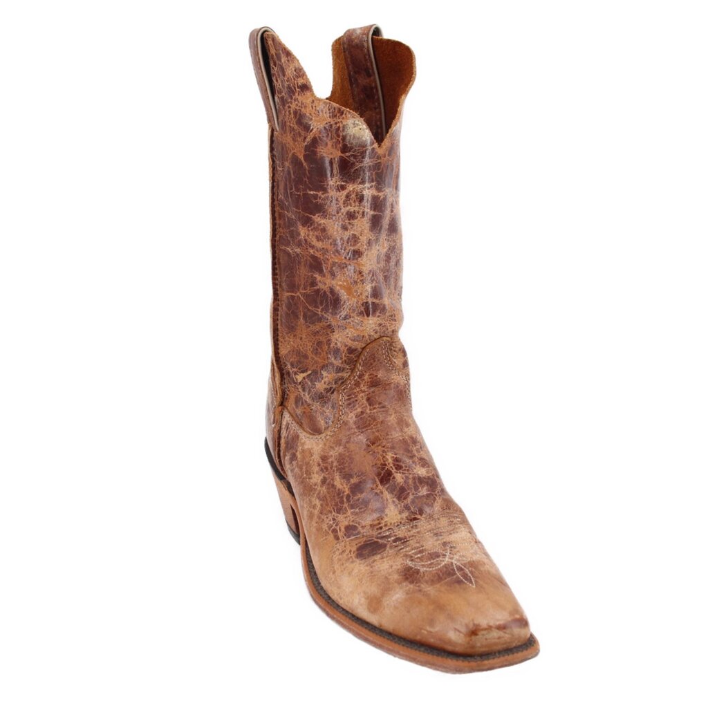 Brown cowboy boot with pointed toe, stitched sole, and tall western-style shaft